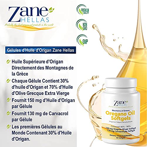 Zane Hellas Oregano Oil Softgels. La mayor concentración del mundo. Cada cápsula contiene un 30% de aceite esencial de orégano griego puro. 130 mg de Carvacrol por cápsula. 60 cápsulas.