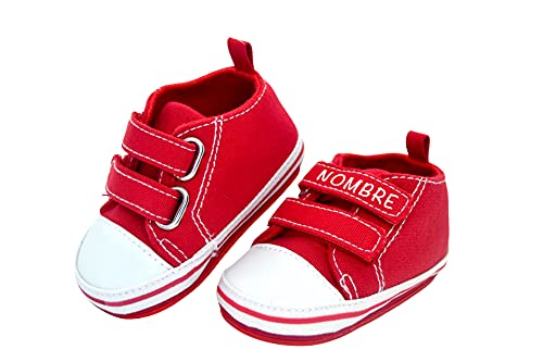 Zapatillas de bebe personalizadas con nombre - Zapatos bebé de lona estilo casual - Regalo bebe personalizado - Zapatos de 0 a 6 Meses (01. ROJO CON NOMBRE, 18)