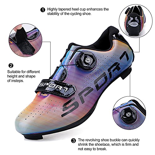 Zapatillas de Ciclismo Hombre Decoloración Zapatillas de Bicicleta de Carretera de Parejas Moda Antideslizantes Transpirables de Carretera con Hebilla de Giro Rápido y Caja de Zapatos 42