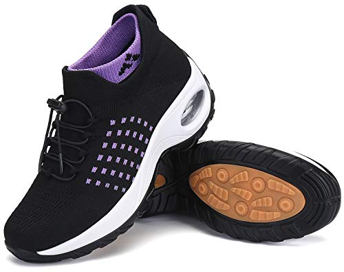 Zapatillas Deporte Mujer Zapatos para Andar Transpirable Mesh Bambas Correr Caminar Calzado Trabajo Morado-Negro, Gr.38 EU