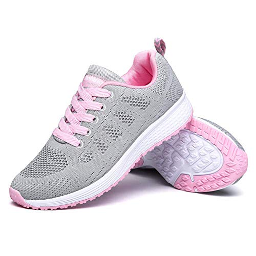 Zapatillas Deportivas Mujer Sneakers Zapatos para Correr para Niña Mujeres Running Zapatos Casuales de Mujer Ligero Respirable Atarse Rosa Gris Talla 37