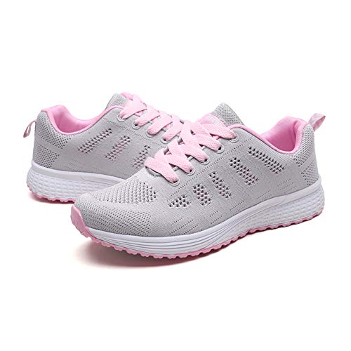 Zapatillas Deportivas Mujer Sneakers Zapatos para Correr para Niña Mujeres Running Zapatos Casuales de Mujer Ligero Respirable Atarse Rosa Gris Talla 37