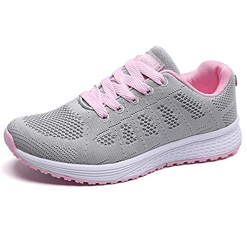 Zapatillas Deportivas Mujer Sneakers Zapatos para Correr para Niña Mujeres Running Zapatos Casuales de Mujer Ligero Respirable Atarse Rosa Gris Talla 37