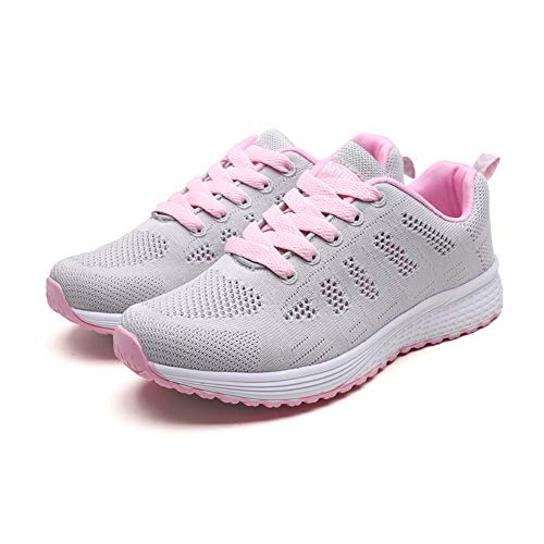 Zapatillas Deportivas Mujer Sneakers Zapatos para Correr para Niña Mujeres Running Zapatos Casuales de Mujer Ligero Respirable Atarse Rosa Gris Talla 37