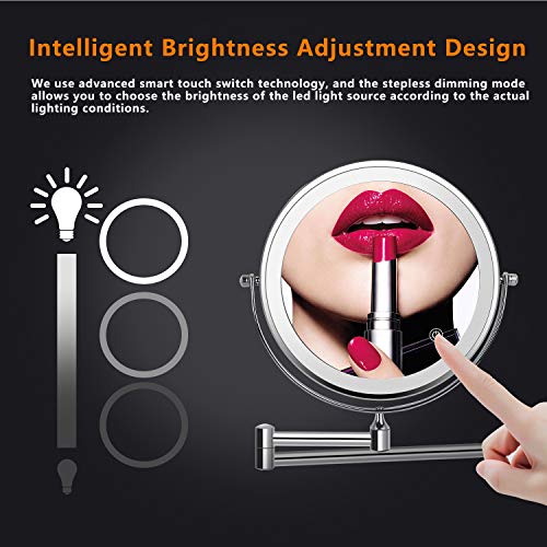 ZEPHBRA Espejo de Maquillaje con Luz LED 1X/5X Aumento Espejos de Aumento de Pared de Doble Cara Giratorio Espejos Extensibles para Baño y Tocador (Plata)