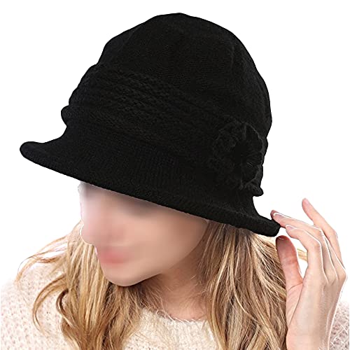 ZffXH Gorro de punto de lana de invierno para mujer, otoño y otoño de los años 20, Negro, L