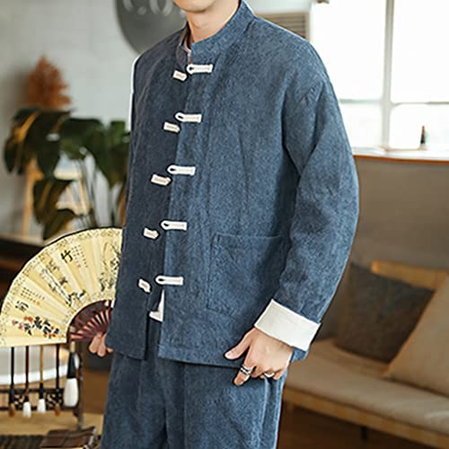 ZhuiKun Camisetas Traje de Kung Fu para Hombre Artes Marciales Tradicionales Chinas Uniforme Chaqueta de Pana (Azul Marino, M)