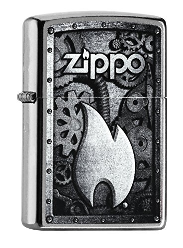 Zippo Feuerzeug PL Flame and Logo ON Background with Gear Wheels Encendedor, latón, Acero Inoxidable, 1 x 3,5 x 5,5 cm
