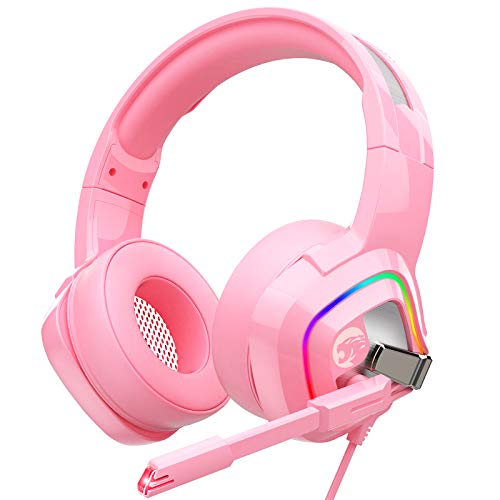 ZIUMIER Auriculares para Juegos para PS4, PS5, Xbox One, PC, Cascos Gaming con Micrófono con Cancelación de Ruido y Luz LED RGB, Sonido Envolvente de Graves (Rosa)