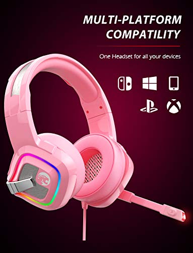 ZIUMIER Auriculares para Juegos para PS4, PS5, Xbox One, PC, Cascos Gaming con Micrófono con Cancelación de Ruido y Luz LED RGB, Sonido Envolvente de Graves (Rosa)