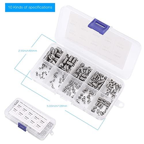 Zocipro 200 Piezas Tornillos Sin Cabeza, Tornillos Prisioneros de Cabeza Hexagona,M3 M4 M5 M6 M8 Tornillos de Cabeza Cilíndrica Métrica de Acero Inoxidable