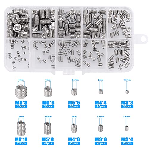 Zocipro 200 Piezas Tornillos Sin Cabeza, Tornillos Prisioneros de Cabeza Hexagona,M3 M4 M5 M6 M8 Tornillos de Cabeza Cilíndrica Métrica de Acero Inoxidable