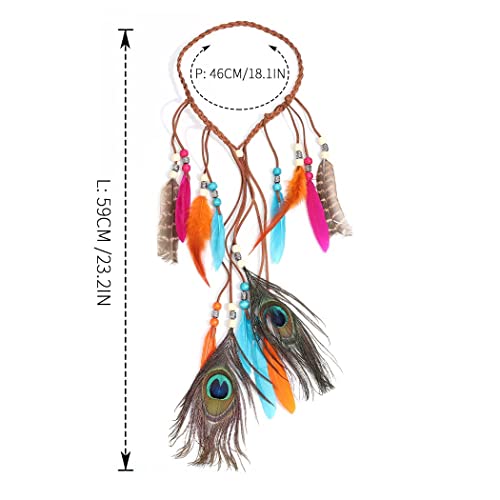 Zoestar Diadema de plumas de pavo real, estilo vintage, estilo indio, estilo hippie, cadena de cabeza tribal de los años 20, joyería para el cabello, accesorios retro para mujeres y niñas