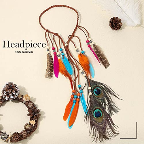 Zoestar Diadema de plumas de pavo real, estilo vintage, estilo indio, estilo hippie, cadena de cabeza tribal de los años 20, joyería para el cabello, accesorios retro para mujeres y niñas