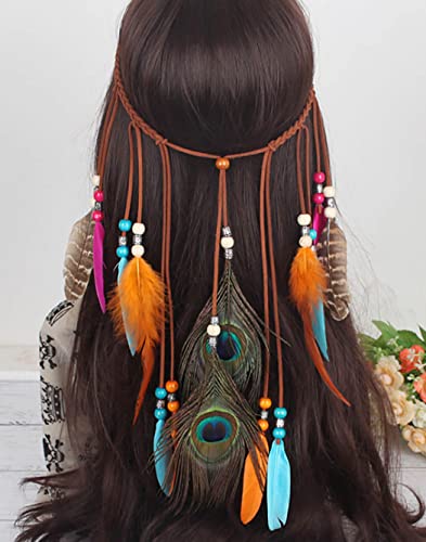 Zoestar Diadema de plumas de pavo real, estilo vintage, estilo indio, estilo hippie, cadena de cabeza tribal de los años 20, joyería para el cabello, accesorios retro para mujeres y niñas