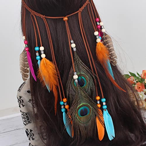Zoestar Diadema de plumas de pavo real, estilo vintage, estilo indio, estilo hippie, cadena de cabeza tribal de los años 20, joyería para el cabello, accesorios retro para mujeres y niñas