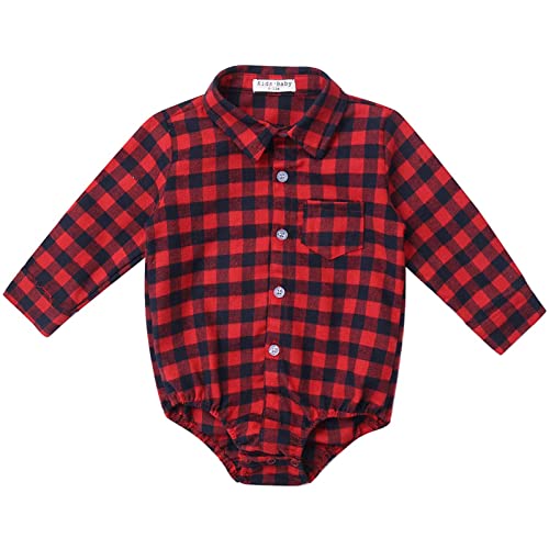 ZUYPSK Body unisex de manga corta para bebé, niño, niña, a cuadros, camisa con cuello y camiseta de manga larga, rojo, 18-24 Meses