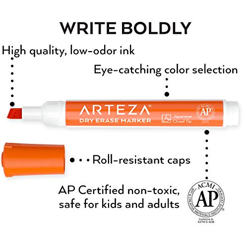 Arteza Rotuladores de pizarra blanca, Caja de 52 marcadores borrables | Rotuladores con punta de bisel | Tinta de olor bajo y 12 colores surtidos, para el colegio, la oficina y el hogar